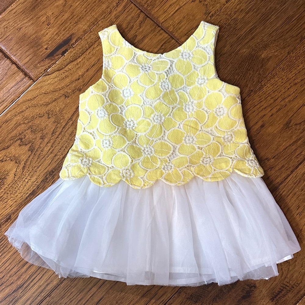 Yellow & White Floral Lace Tulle Kids Formal Dress